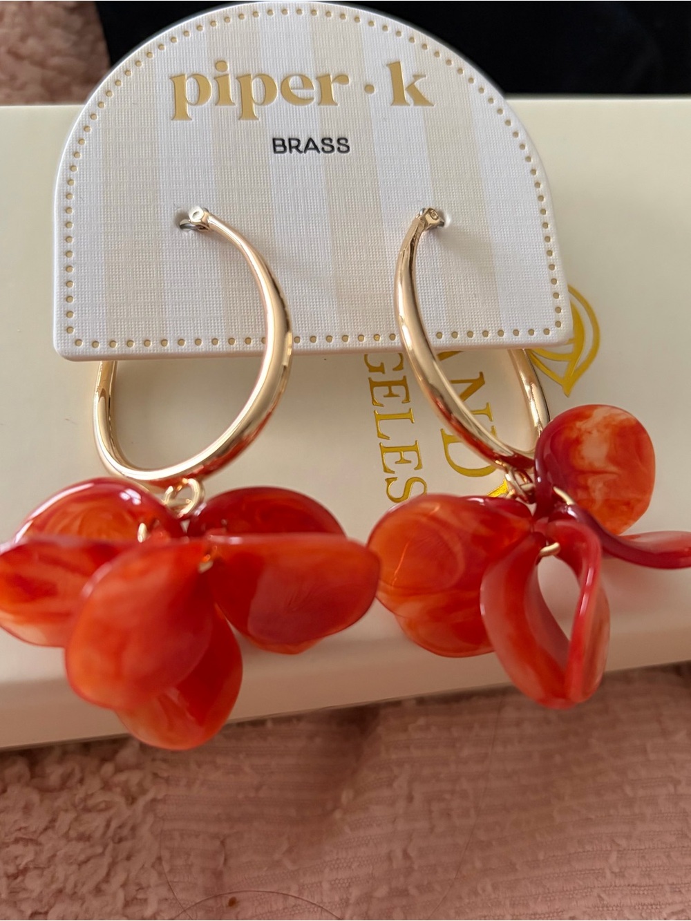 Piper K Gold Hoop Earrings with Orange-Red Floral Resin Charms